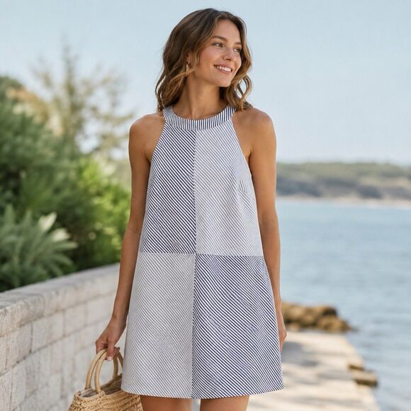 Vineyard Vines Dresses & Skirts - Vineyard Vines Blue Striped Seersucker Sleeveless Halter Medi Dress Women Sz S